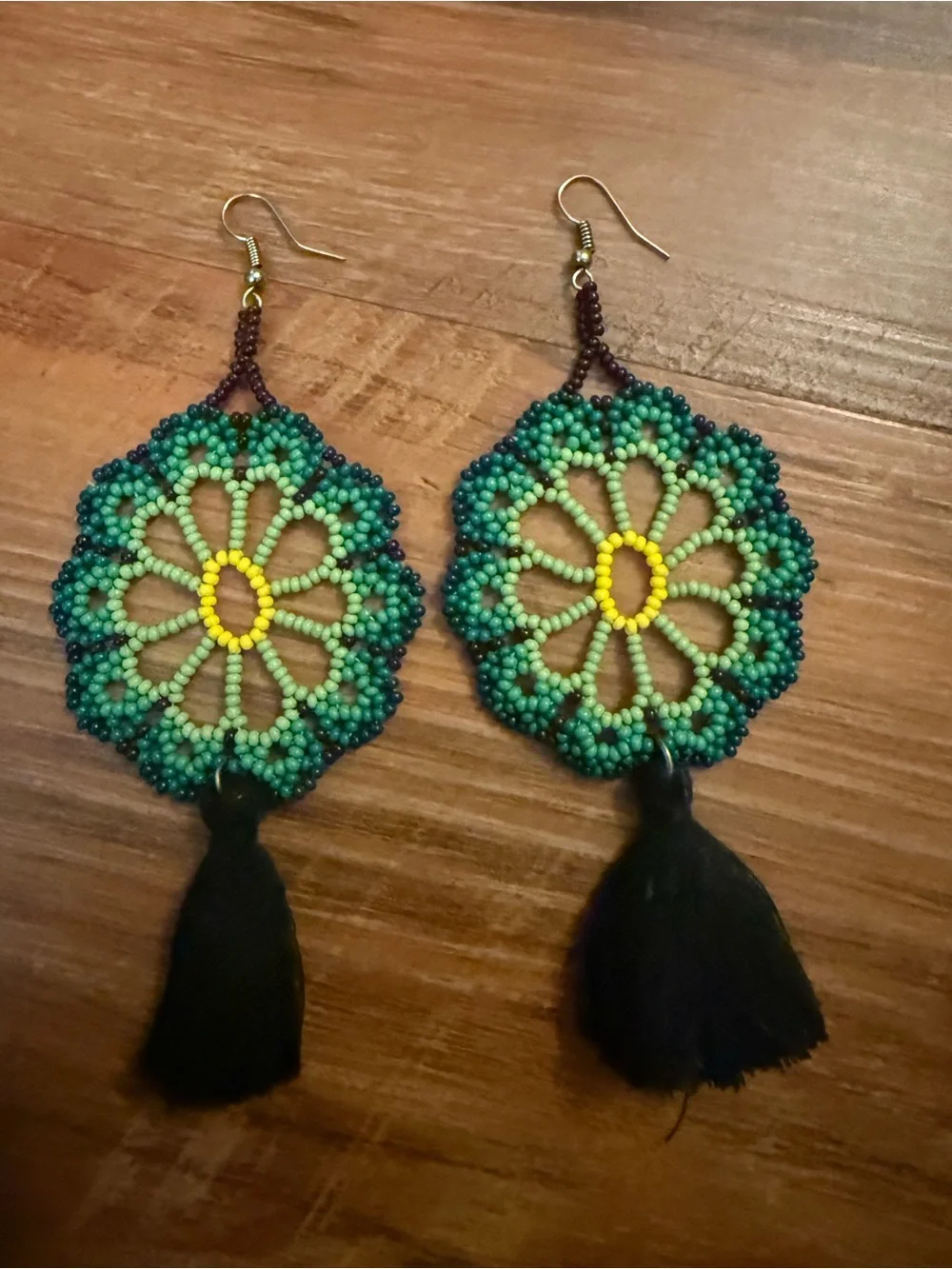 MEXICANA Green Yellow Black Beaded Floral Tassel Earrings